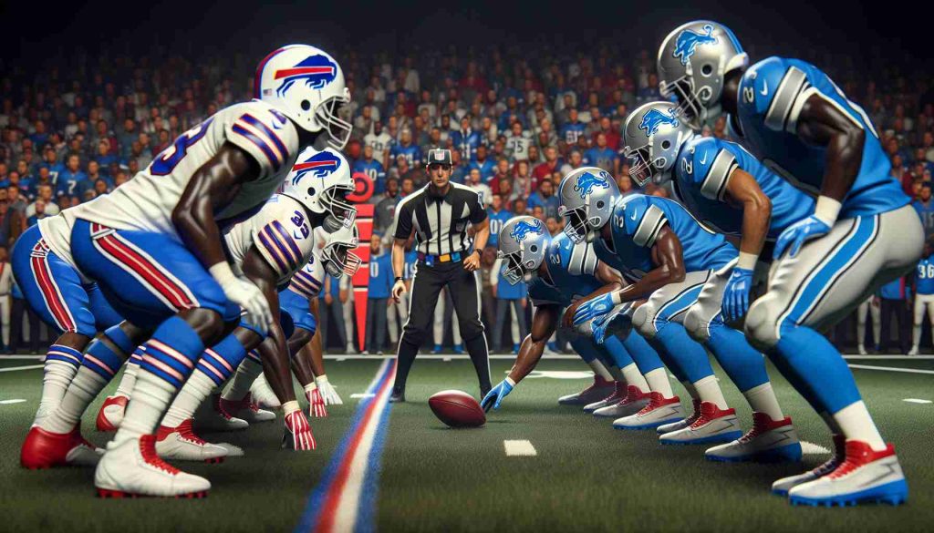 A high-definition, realistic depiction of a significant American football game. The Buffalo Bills, clad in their red, white, and blue attires, are demonstrating a dominant performance. In contrast, the Detroit Lions, outfitted in their distinctive silver and blue uniforms, appear momentarily rattled due to a controversial call by the referee. Capture the intensity and the strategic calculations occurring on the sidelines in great detail.