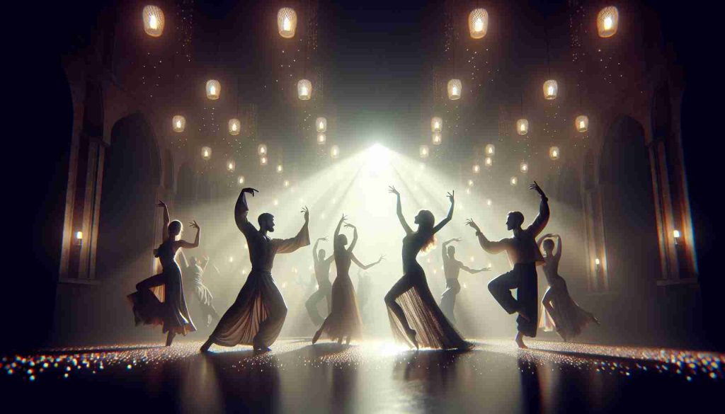 A hyper-realistic, high-definition scene capturing the final, climactic moments of a magical dance. Dimmed ambiance subtly lit by floating, ethereal lights. The main scene consists of two pairs of dancers. The first pair, a Middle-Eastern man and a Caucasian woman, are poised in a dramatic yet gracefully synchronized movement. The second pair, a Hispanic woman and a South Asian man, perform a dance characterised by fluid body movements and simultaneous foot taps. Their outfits glint against the soft lighting, creating a transcendent scene full of energy, passion, adoration, and enchantment.