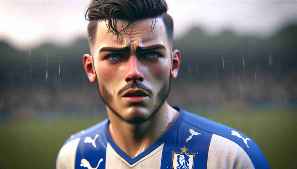 A realistic HD image of the star midfielder from a prominent English football team, Sheffield Wednesday. His facial expression conveys uncertainty and apprehension, perhaps due to ambiguity surrounding his future career. His team jersey is visible, prominently displaying the colors and emblem of Sheffield Wednesday. Sweat beads on his forehead indicate an intense training session or game. The background is blur, focusing on the player's face.