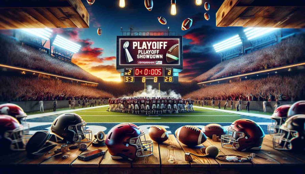 A high-definition, realistic image of a college football theme with the anticipation of an upcoming playoff showdown. The scene includes a vibrant atmosphere with footballs, helmets, bleachers filled with enthusiastic spectators, and a large digital countdown timer showing the remaining time until the big game begins, highlighting the spirit of collegiate sports. The backdrop features a stunning sunset over the sports stadium, adding a dramatic touch to the overall ambiance.