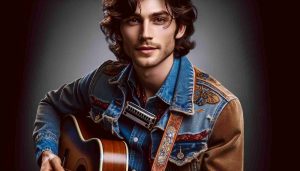 Create a realistic, high-definition image of a young charismatic male actor with expressive brown eyes, wavy dark-brown hair, and an enigmatic smile. He appears to be in his mid-20s, in the midst of an electrifying transformation. He's adopting the persona of a legendary folk singer from the 1960s, capturing the essence of the music revolution of that era. His attire is a mix between bohemian and vintage, featuring a denim jacket, harmonica neck holder, and an acoustic guitar. Think of it as a reinvention of a famous folk singer by a contemporary cinema icon.