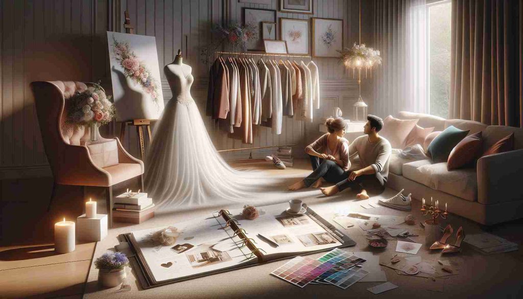 Realistic HD picture depicting a romantic scene of a couple in a quiet, intimate setting, discussing their wedding plans. Visible among them are various elements suggesting a halted wedding organization: a wedding dress on a hanger, an open wedding planner with a pen on it, various color samples, and an invitation design, all surrounded by soft light. The room atmosphere symbolizes an air of hesitation and uncertainty, suggesting the theme 'Will Love Take a Backseat? Wedding Plans on Hold!'