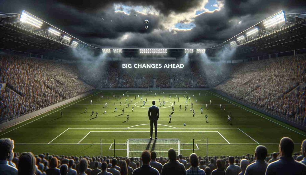 A realistic high-definition image depicting a metaphorical visualization of the statement 'Big changes ahead'. The scene is a stormy sky over a soccer stadium, symbolizing the uncertainty and potential changes. The stadium is filled with fans of various descents including Black, Hispanic, Middle-Eastern, South Asian and White, reflecting a diverse crowd. Focusing on the field, a solitary figure of a key striker of unknown descent and gender, stands with a soccer ball at their feet, hinting at the possibility of departure.