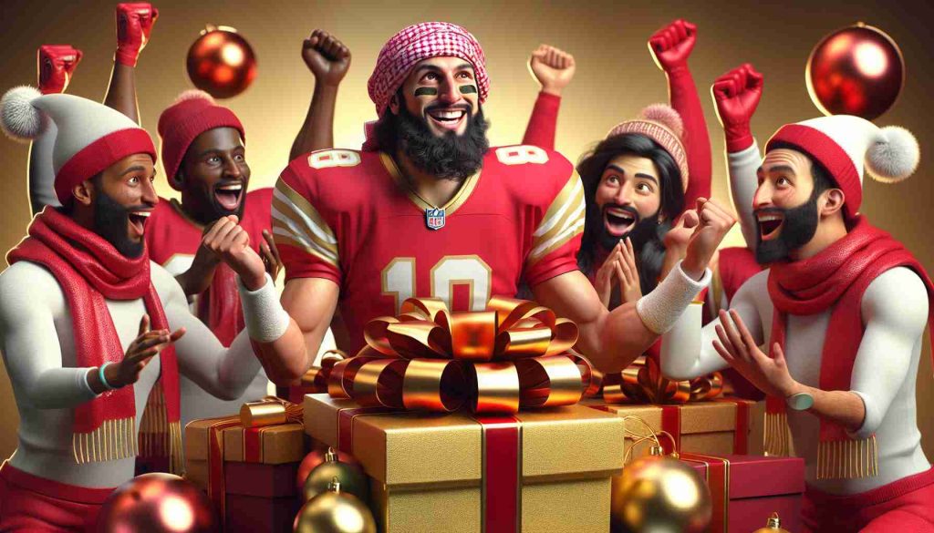 High-resolution, realistic image of surprise holiday gifts, elegantly wrapped and adorned with festive ribbons and bows. In the same scene, a professional football player, of Middle-Eastern descent, in a scarlet and gold uniform (resembling a San Francisco team), metaphorically scoring big points with teammates by bringing joy and surprise. His fellow players of various descents and genders show their excitement and appreciation.