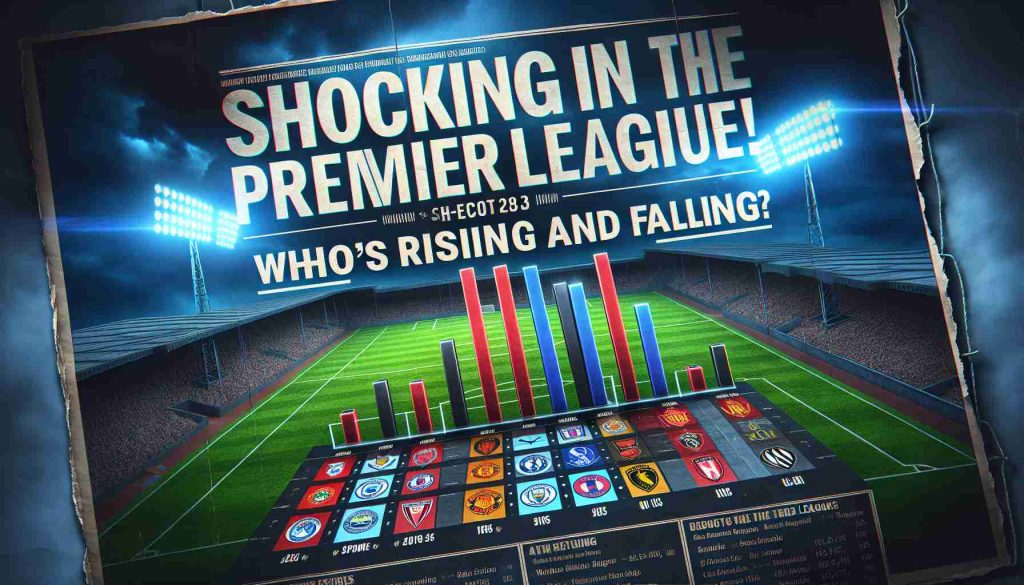 High-definition, realistic image of a dramatic sports headline that reads: 'Shocking Results in the Premier League! Who's Rising and Falling?' Add the excitement of a football game with bold, eye-catching graphics, a bar chart indicating the rise and fall of various teams, a football field in the background and subtle hints of team colors on the page. Do not include any specific team names, logos, or players due to copyright.