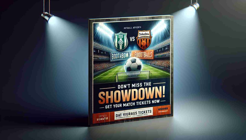 Realistic HD image of a promotional advertisement for a sports event, featuring text that says 'Don’t Miss the Showdown! Get Your Match Tickets Now!', symbolizing a match between two popular football teams