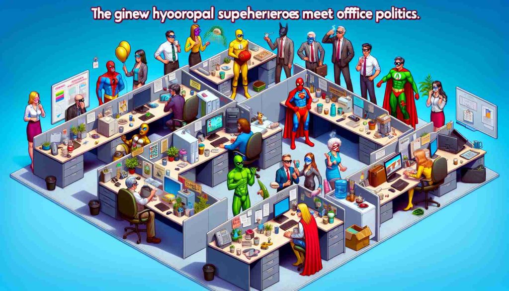 Imagine an engaging, humorous scene depicting a new hypothetical game named 'Superheroes Meet Office Politics'. The game involves characters dressed as masked superheroes navigating the maze of an office environment. Each character might reflect different roles or personalities one might find in an office space: the ambitious go-getter, the seasoned veteran, the low-key introvert, etc. Each of these characters, irrespective of their roles, are donned in colorful superhero costumes. The game’s elements include desks, computers, water coolers, coffee machines, presentation boards, and all typical things seen in an office setup. The game aims to blend the mundanity of everyday office life with the playfulness and excitement of superhero stories, creating a unique, absurd setting that's ripe for laughter and strategic gameplay. Generate a detailed and vibrant HD image of this scenario.