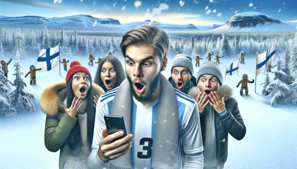 High-definition, realistic image depicting the surprise reactions of people who have just received news about a popular footballer's unexpected adventure in Lapland. Capturing the expressions of excitement and curiosity, add a background setting depicting chilly, snowy landscapes representing the adventurous ambiance of the Lapland region.