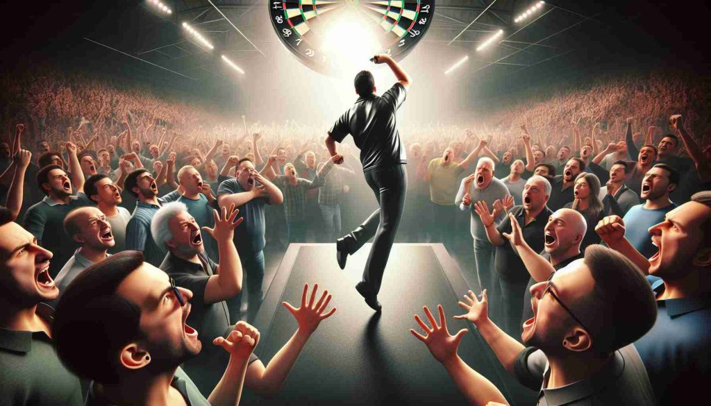 A high-definition, realistic scene of dramatic darts competition. Fans are divided on a stunning move made by a player named Scott Williams. The scene should capture the intense emotions of the crowd, with some fans appearing ecstatic with the move while others show signs of disappointment.