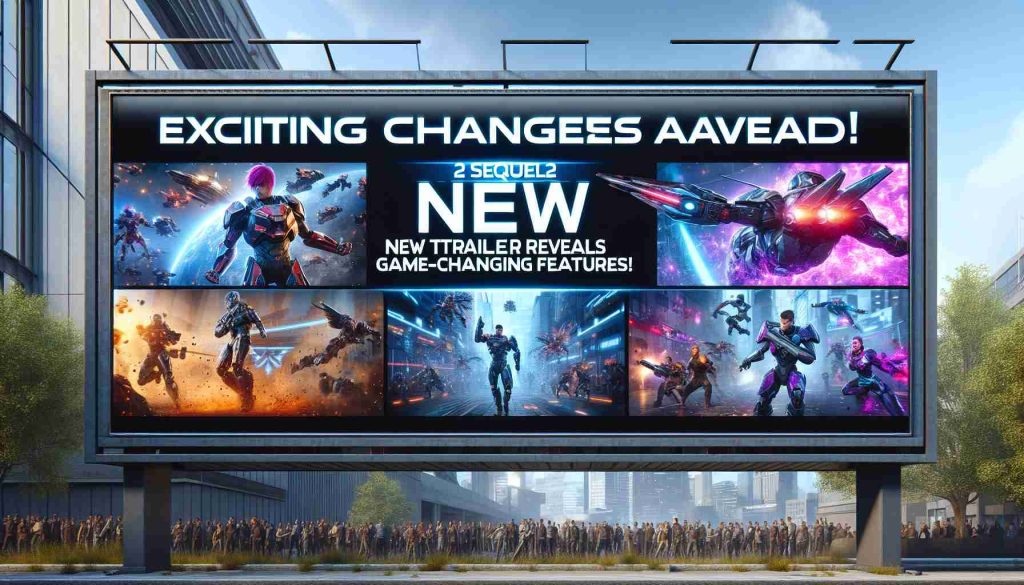 A realistic high definition image of the headline text 'Exciting Changes Ahead for a Futuristic Combat Game Sequel! New Trailer Reveals Game-Changing Features!' displayed on a digital billboard. The background showcases scenes from game play including characters engaged in a variety of dynamic action sequences and innovative new features highlighted.