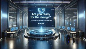 Create a realistic HD visualization of a scene that says 'Are You Ready for the Change? Discover the New eVisa System!'. Picture a high-tech office with a digital screen displaying this message. The environment should encompass the feeling of technological advancement and modernization, with sleek design elements and state-of-the-art equipment.