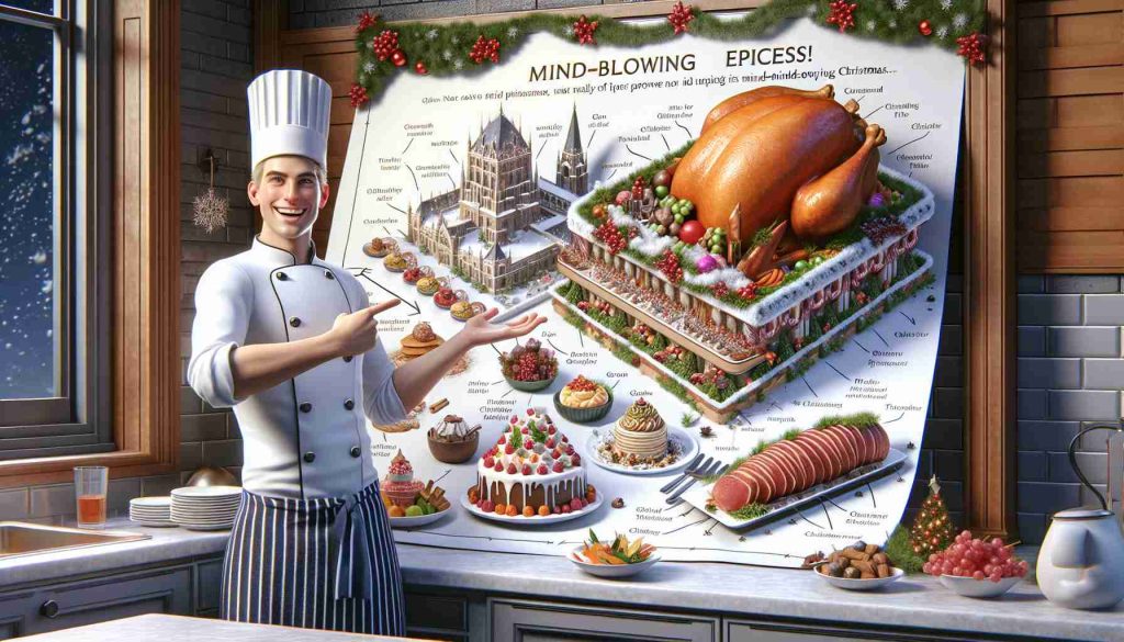 Create a highly detailed 3D image of an enthusiastic chef showing off a grand, whimsical Christmas plan. The plan should leave an impression of mind-blowing epicness. The scene should be set in a kitchen, with the chef pointing towards a huge blueprint for a festive feast, full of mouth-watering delicacies not usually seen at Christmas, testament to his culinary excellence. Include a garnished turkey, glazed ham, an array of exotic fruits, and a towering dessert in the blueprint. The chef should be Caucasian, with short blond hair, and should wear a white chef's coat with his name 'Gordon' embroidered on it.