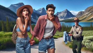 Create an ultra high-definition, realistic photo depicting a scene where a couple's vacation plans take a sudden turn for the worse. Imagine this – a Caucasian woman and a Middle-Eastern man, both in casual vacation clothes, looking shocked as they are caught red-handed. Perhaps they unwittingly broke an obscure local ordinance, or maybe they discovered a valuable artifact on their hike and are now surrounded by park rangers. The setting can be a picturesque landscape, maybe a mountainous terrain or a serene beach, which sharply contrasts their current predicament.