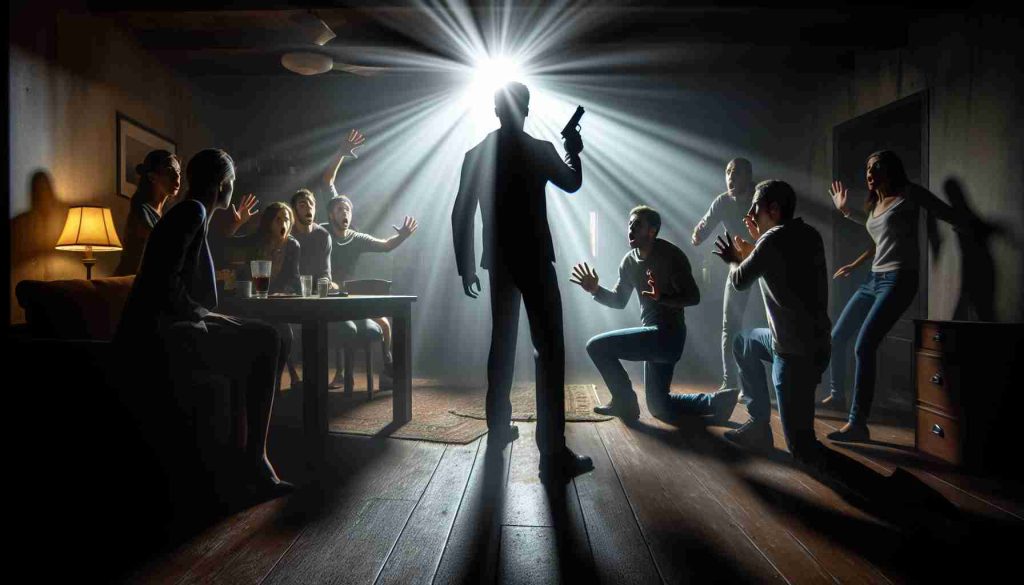 Create a realistic HD image capturing a dramatic scene titled 'Unexpected Revelations: The Shooter No One Saw Coming'. The scene should depict a suspenseful moment in a dimly lit room where a figure holding a gun is revealed by a sudden beam of light. The figure can be of any gender and descent. Include surprised individuals around, capturing their expressions of shock and disbelief. No one in the room should appear to have anticipated this event, adding a sense of tension and surprise. Please only depict fictional characters and avoid references to real people or copyrighted characters.