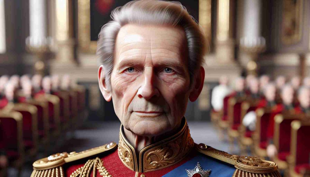 Realistic HD photo of an elderly male public figure with an unbroken spirit despite ongoing health battles. He has fair skin, thinning hair and royal regalia. The background is a grand royal interior with a touch of solemnity and determination.