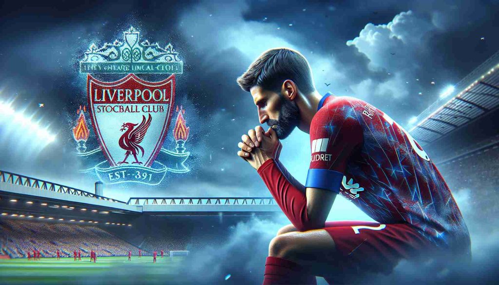 Generate a realistic high-definition image of a star soccer defender, known for his high earning abilities, from a popular club based in Liverpool. The scene depicts him contemplating his future with the club.