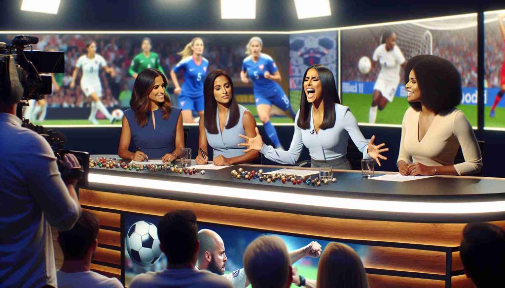 Generate a photographic image that visualizes the concept of an all-female team hosting a sports presentation. This scene takes place in a professional TV studio and the women are presenting highlights from various sports. The backdrop of the studio features pictures of different sports activities. One of the presenters, a South-Asian woman, is passionately discussing the highlights while two other presenters, a Hispanic woman and a Black woman, are attentively listening and preparing for their segments. Reaction from the audience is mixed, indicating a debate sparked due to the change in traditionally male-dominated presenter roles.