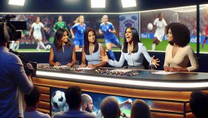 Generate a photographic image that visualizes the concept of an all-female team hosting a sports presentation. This scene takes place in a professional TV studio and the women are presenting highlights from various sports. The backdrop of the studio features pictures of different sports activities. One of the presenters, a South-Asian woman, is passionately discussing the highlights while two other presenters, a Hispanic woman and a Black woman, are attentively listening and preparing for their segments. Reaction from the audience is mixed, indicating a debate sparked due to the change in traditionally male-dominated presenter roles.