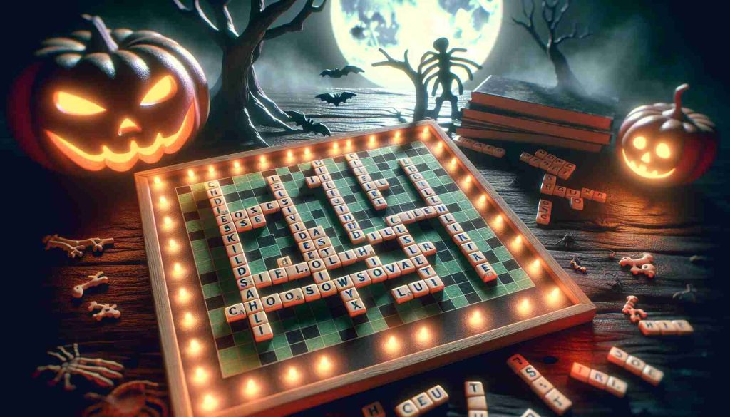 A realistic HD photo illustrating a quirky and spooky twist to a classic word puzzle game, themed specifically for the 13th of Friday. The image features a partially completed crossword puzzle with eerie edges softened by ambient lighting. The squares of the puzzle display various letters connoting a spooky vibe. In the background, there's a soft glow from the moon and silhouette of barren trees looming ominously, adding to the overall creepy ambiance.