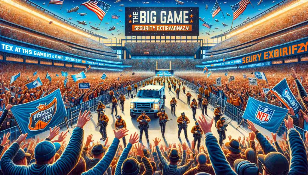 Create a high-definition realistic image of a massive sporting event dubbed as 'The Big Game: Security Extravaganza!' Showcase the excitement and energy of fans, many of whom are bringing banners to show their support. Capture the vivid colors and details of the banners, the crowd's joyful expressions, and the security personnel ensuring safety in the background.