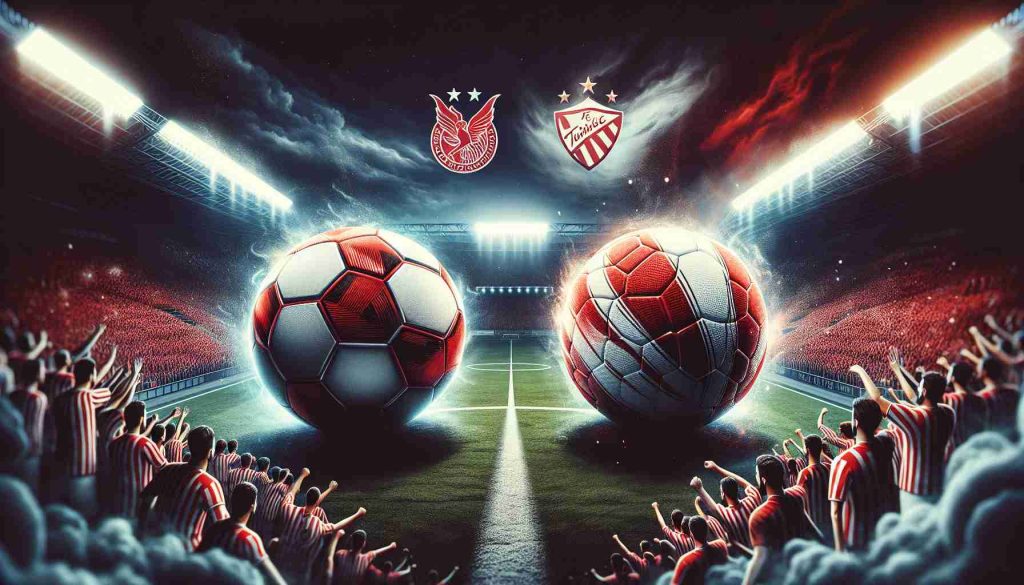 A detailed image depicting an epic showdown on the horizon, with the atmosphere filled with intense rivalry and high stakes. On one side, symbolizing the aggressive play of Olympiacos, a red and white football ready to strike. On the other side, embodying the tactical prowess of FC Twente, a vibrant red and white football. The balls are set against the backdrop of a packed stadium atmosphere with fans wearing the colors of their respective teams. The balls are ready to be hit, showcasing the high-speed, passionate gameplay of football. Who will emerge victorious?