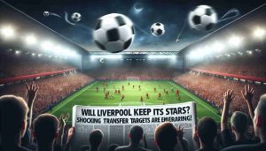 A realistic high-definition image of the headline 'Will Liverpool Keep Its Stars? Shocking Transfer Targets Are Emerging!' laid over a background of a bustling football stadium filled with cheering fans eagerly watching a heated match. A few footballs are mid-air, emphasizing the tension in the game. Subtle imagery of a transfer market can also be seen to portray the essence of the headline.