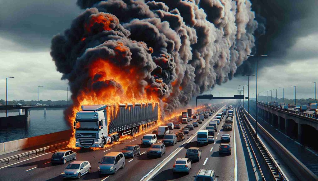 Create a realistic, high-definition image depicting a scene of chaos caused by a massive lorry fire on a highway, identified as M26. The image displays a large lorry engulfed in flaming inferno in the middle of the M26. The lorry fire has completely halted the traffic, causing a long line of different vehicles to be stretched out on both sides of the burning lorry. Smoke billows out from the fire, painting the sky above with dark ominous hues. People are trying to maintain a safe distance, but the chaos and panic in the scene are palpable.