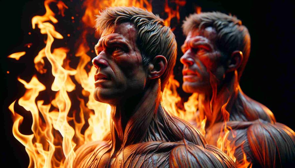 A highly detailed, realistic depiction of a muscle-bound male figure with short, dirty blond hair--an experienced athlete caught in a metaphorical fire. The same scene also includes another male figure who seems to be his former training partner, who appears to be giving a passionate speech about their shared past.