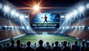 Create a hyperrealistic HD image of a football stadium with a huge billboard displaying the words, 'Where will the talented footballer end up? 2025 is just around the corner!' The dazzling lights of the stadium are competing with the setting sun, glorifying the calm anticipation in the air. People of diverse descents and genders are visible, excitedly discussing the future of the unnamed player.