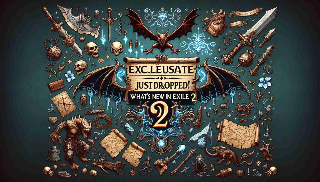 Generate an ultra-high-definition, realistic image of a message that reads: 'Exclusive Update Just Dropped! What's New in Path of Exile 2?'. Surround this textual message with thematic elements related to fantasy RPG gaming such as a medieval-style background, magical weapons, an outlined map, and monsters.