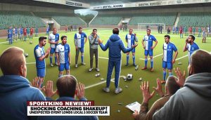 A realistic, high-definition image showing a surprising event in a soccer coaching change. The location is an illustrative representation of the Bristol Rovers' soccer field. There are players on the field, looking quite stunned. The coach is in the middle of them, trying to explain something passionately. The expressions of the people reflect surprise and confusion. On the outskirts of the field, fans are watching with a mix of expectations. Include a fictional sports news banner at the bottom reading 'Shocking Coaching Shakeup! Unexpected Events Unfold at Local Soccer Team' to give a realistic news report effect.