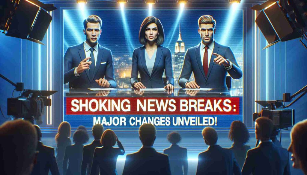 A realistic high-definition image of a dramatic breaking news scene. It shows a television screen with a bright banner headline that reads: 'Shocking News Breaks: Major Changes Unveiled!' The background is buzzing with studio lights and fast-paced activity. News anchors, sporting professional attire, are in mid-discussion, pointing towards the screen and looking serious and engaged. Their expressions suggest the profundity of the news they are covering.