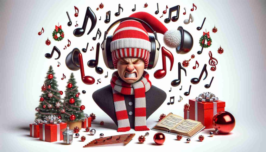 Create a realistic and detailed image in HD quality that symbolizes the concept of infuriating Christmas tunes. It could include things like a person with an annoyed expression, wearing earmuffs, while around them the festive Christmas decorations are present, and musical notes, representing the Christmas tunes, are floating in the air.