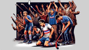 Generate a realistic HD photo of a surprising sports event -- a key match where a previously unbeaten hockey team, code-named the 'Rangers', faces a shocking defeat. The image should capture the mixed emotions of the players and the spectators capturing disbelief, disappointment, but also respect for the opposing team.