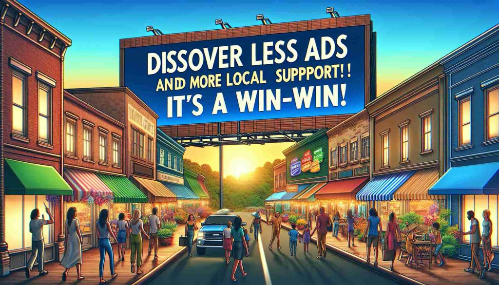 Generate a high-definition, realistic image with the words 'Discover Less Ads and More Local Support! It's a Win-Win!' prominently displayed. The background could be an uplifting scene of a local community showcasing a variety of storefronts, signifying the support for local businesses. Demonstrating less intrusion of advertisements could be suggested through the noticeable absence of billboards or pop-up ad illustrations. Put more emphasis on the hustle and bustle of the local economy, positive interactions between a diverse group of people, and vivid colors to signify prosperity.