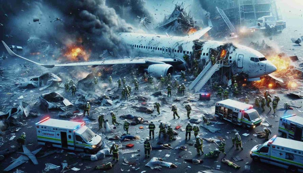 Realistic high-definition image illustrating a heart-wrenching scene of a catastrophic airplane crash with debris scattered all around. The area is filled with first responders executing a rescue mission, rushing to aid the injured survivors who are in various states of shock and distress. This image not only captures the chaotic outcome of the unfortunate event but also the tireless efforts of the emergency rescue teams.