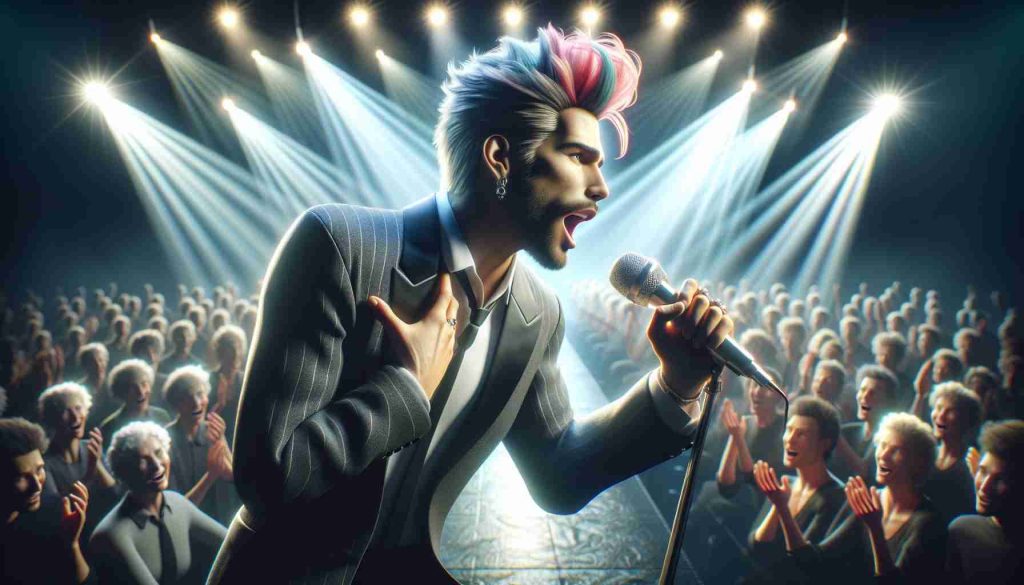 A detailed and realistic HD image of a charismatic, male pop singer with strikingly dyed hair and flamboyant style, grabbing the spotlight on a Broadway stage. He's passionately delivering a powerful performance to a captivated audience, under the bright, theatrical lights. The atmosphere is electric and personal, as if every note is a confession and every gesture tells a story. Please exclude any identifying features that can link the image directly to a specific individual.