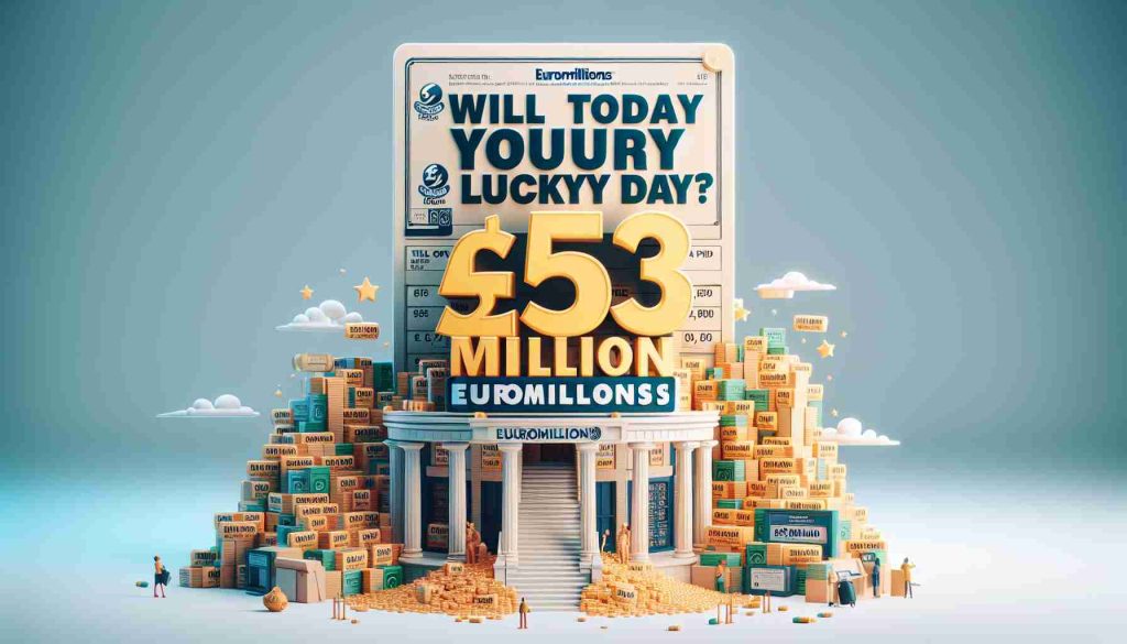 Create a realistic, high definition image displaying a lottery concept. The image should prominently feature a phrase, 'Will Today Be Your Lucky Day?' It should also show a standing edifice of £53 Million depicted with EuroMillions lottery tickets symbolizing a grand jackpot waiting to be won.