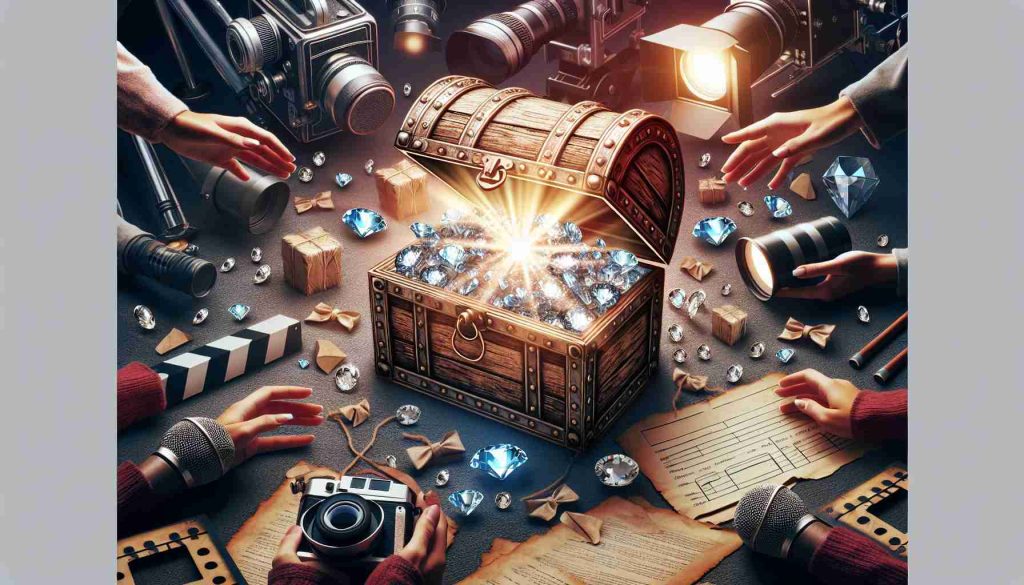 A detailed, high definition image representing the concept of uncovering hidden gems in the entertainment industry. Picture a symbolic scenario happening on a movie set or music studio with elements that hint at secret treasures being discovered, possibly represented metaphorically. This could include a pair of hands opening an old chest filled with sparkling gemstones, amid professional equipment such as cameras, microphones, and scripts. The atmosphere should suggest mystery and excitement.