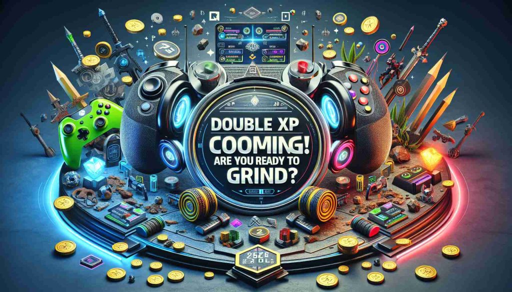 Generate a realistic high definition image depicting the concept of double experience points in a video game. The scene should include elements relating to video gaming such as a controller, visual points display, gaming headset, and vibrant, exciting colors. Include a motivational phrase saying 'Double XP is coming! Are you ready to grind?' to amplify the sense of anticipation and excitement.