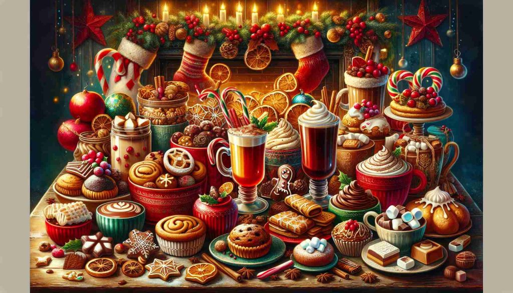 Imagine a vibrant and detailed image of an assortment of festive-flavored treats from a well-known coffee shop. Picture a variety of delightful pastries, candies, and beverages, all arranged enticingly on a table. Mulled apple cider, gingerbread cookies, marshmallow-topped hot chocolate, spiced pumpkin latte, cranberry scones and chocolate-dipped candy canes make up this festive spread. Additionally, feature both ornate and classic Christmas decor in the background to complement these treats' vibrant colors and patterns. Perhaps stockings hang on a rustic fireplace, a gleaming Christmas tree glows with twinkling lights, and a cheerful wreath graces the table.