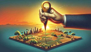 Detailed illustration of a symbolic representation capturing a private equity power play. The scene should depict a large, firm hand metaphorically acquiring a significant stake, which can be visualized as a territorial marker with a shiny gold tip. In the backdrop, a warm sun is rising, illuminating a landscape of thriving vegetation and burgeoning infrastructure, symbolic of the predicted growth. This should not contain illustrations of any specific individuals or companies. Convey the essence of the power play and the anticipation of the future growth in a realistic and high-definition.