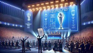 A realistic high definition illustration of an event titled 'The PCB's Controversial Move: Approving A Hybrid 2025 Champions Trophy!' The image portrays the dramatic moment of the announcement with a representative holding up a blueprint of the hybrid structure of the trophy, on a stage with bright lights and a large digital screen projecting the same design. Crowds in the background depict mixed reactions with some cheering and some showing confusion or disagreement, hinting at the controversy. The whole scene evokes a sense of suspense and excitement, questioning 'Is it worth it?'