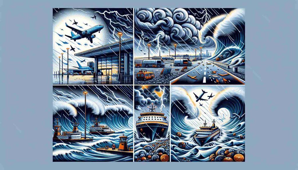 Detailed and high quality depiction of a tumultuous weather condition disrupting holiday travel plans. Show intense wind and storm clouds over airports with grounded planes. Additionally, illustrate large waves crashing against ferries at sea, implying a halt in their usual routine. Include signs of frantic weather, such as heavy raindrops, lightning, and whirls of wind.