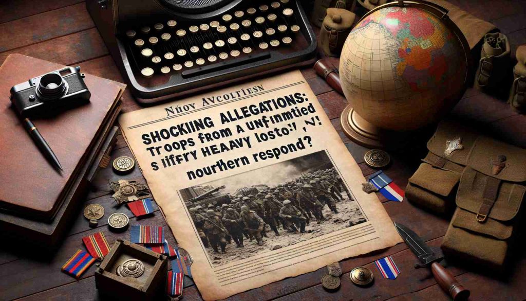 A high-resolution, realistic image representing the headline 'Shocking Allegations: Troops from an unspecified nation suffer heavy losses! Will a distinct northern country respond?' The scene includes a typewriter with the headline typed out on a paper, a globe representing territorial conflict, and various military-themed elements such as medals and combat boots, scattered on an aged wooden table.