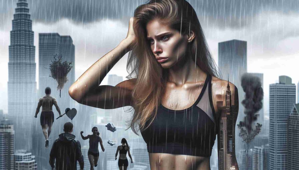 Create a realistic HD photo depicting the themes of 'Heartbreak and Resilience' through the experience of a tough month, using symbolic elements. A young Caucasian woman, athletic with long blonde hair, is standing in the rainy cityscape showing a mixture of sadness and determination on her face.