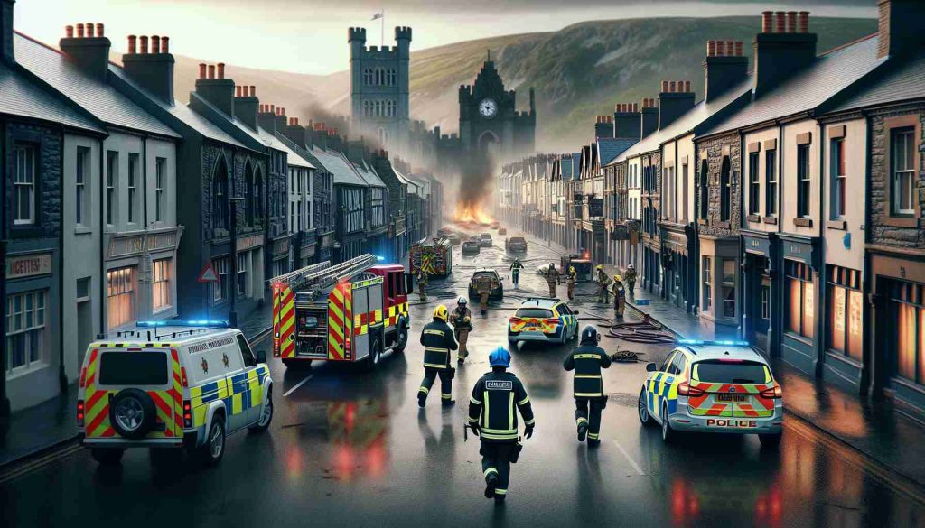 A high-definition, realistic image of a breaking incident taking place in Caernarfon. This incident sees an immediate response from local authorities including the fire and police departments. Both departments are seen in action, with uniformed personnel managing the situation professionally. Visuals include emergency vehicles with flashing lights, officers directing traffic, and firefighters engaged in containment efforts. The setting is distinctly Caernarfon, with its medieval architecture and the dramatic Welsh landscape in the background.