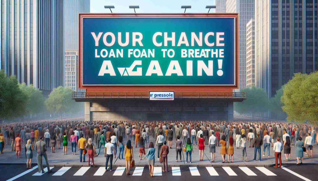 Realistic high-definition image of a large billboard making a huge announcement for a massive loan forgiveness program, with the headline reading, 'Your Chance to Breathe Again!'. The billboard is brightly colored with inviting and hopeful colors. The environment around the billboard depicts a bustling city life with people of various descents and genders showing reactions of relief, surprise, and joy.