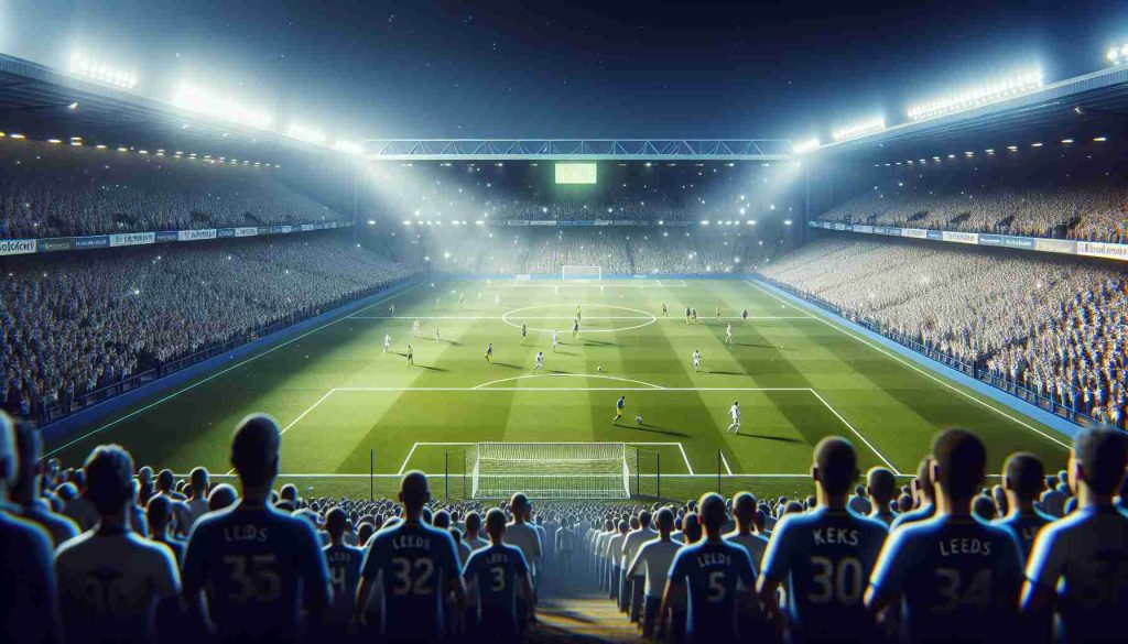 Realistic high-definition image of a pivotal football match involving a professional team from Leeds. The atmosphere is charged, fans are in anticipation, as if the team is on the verge of rising to the top of their league. The stadium is bathed in floodlights, showcasing an intense game of football.