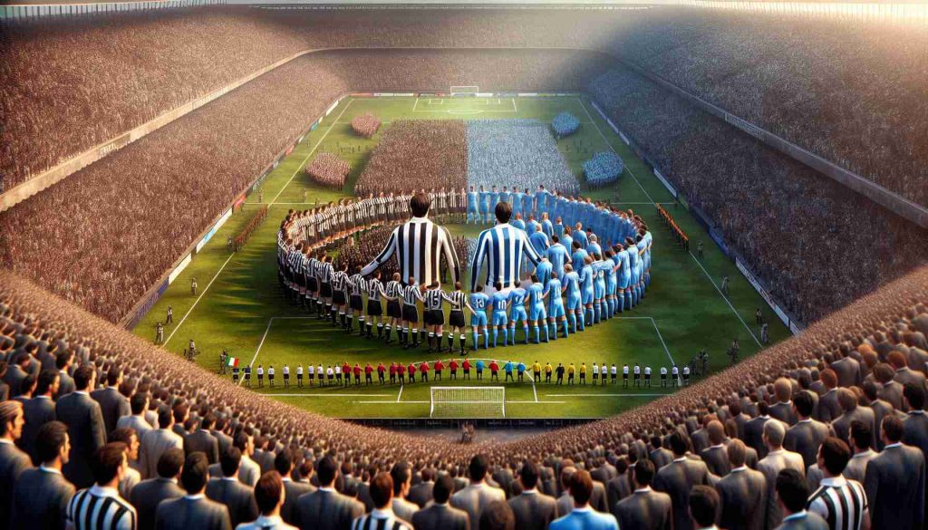 A highly detailed and realistic representation of a momentous and historical meeting. Two major football teams, one represented by black and white stripes symbolizing a prestigious Italian team, and the other by sky blue representing an eminent English team, assemble together. The atmosphere is filled with anticipation and excitement. This scene takes place in a massive stadium filled to the brim with spectators eagerly waiting for this extraordinary event to unfold.